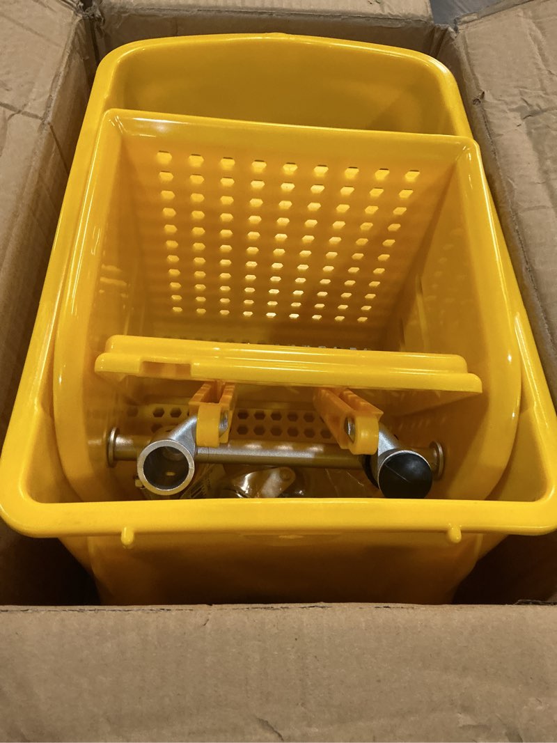 Condition photo showing As Is for mind reader mop bucket with wringer (mop not included), 5.5 gallon cleaning bucket with wheels and handle, upward press wringer, small mop compatible, yellow mop bucket only yellow