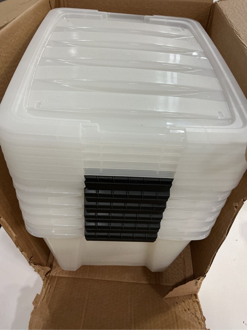 Condition photo showing Good Condition for iris usa 32 qt stackable plastic storage bins with lids, 6 pack - bpa-free, made in usa - discreet organizing solution, latches, durable nestable containers, secure pull handle - pearl
