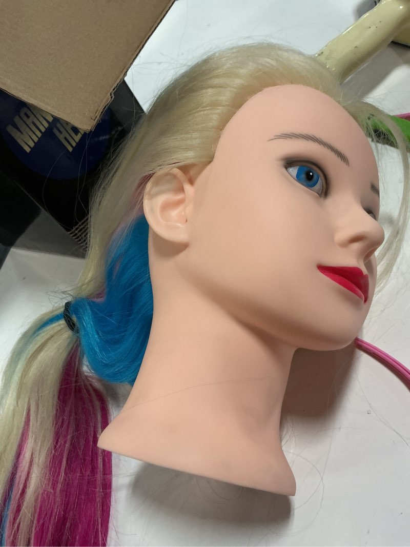Condition photo showing As Is for Mannequin Head with Long Synthetic Fiber Colorful Hair Styling Training Head 26-28inch Manikin Cosmetology Doll Head Hairdressing Training Model for Cutting Braiding Practice and Free Clamp Holder colorful-613