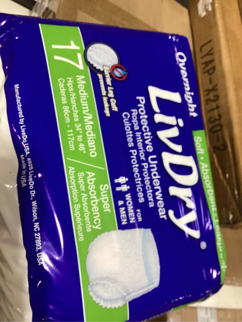 Condition photo showing New/Like New for livdry ultimate adult incontinence underwear, max absorbent adult diapers with leak protection, medium, 68-pack medium (68 count)