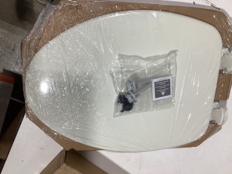 Condition photo showing New/Like New for bemis ashland modern wood toilet seat with decorative edge, slow close, secure hinges, made in usa, elongated, biscuit elongated biscuit