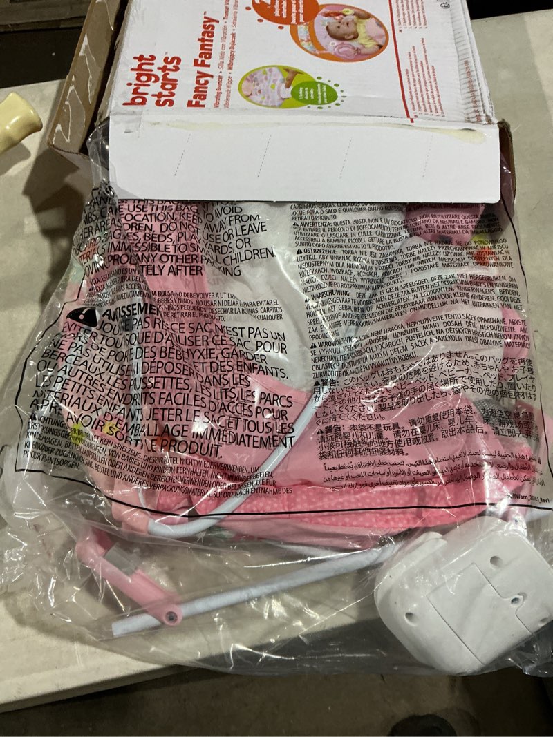 Condition photo showing As Is for Bright Starts Baby Bouncer Soothing Vibrations Infant Seat - Removable -Toy Bar, Nonslip Feet, 0-6 Months Up to 20 lbs (Fancy Fantasy, Pink Unicorn)