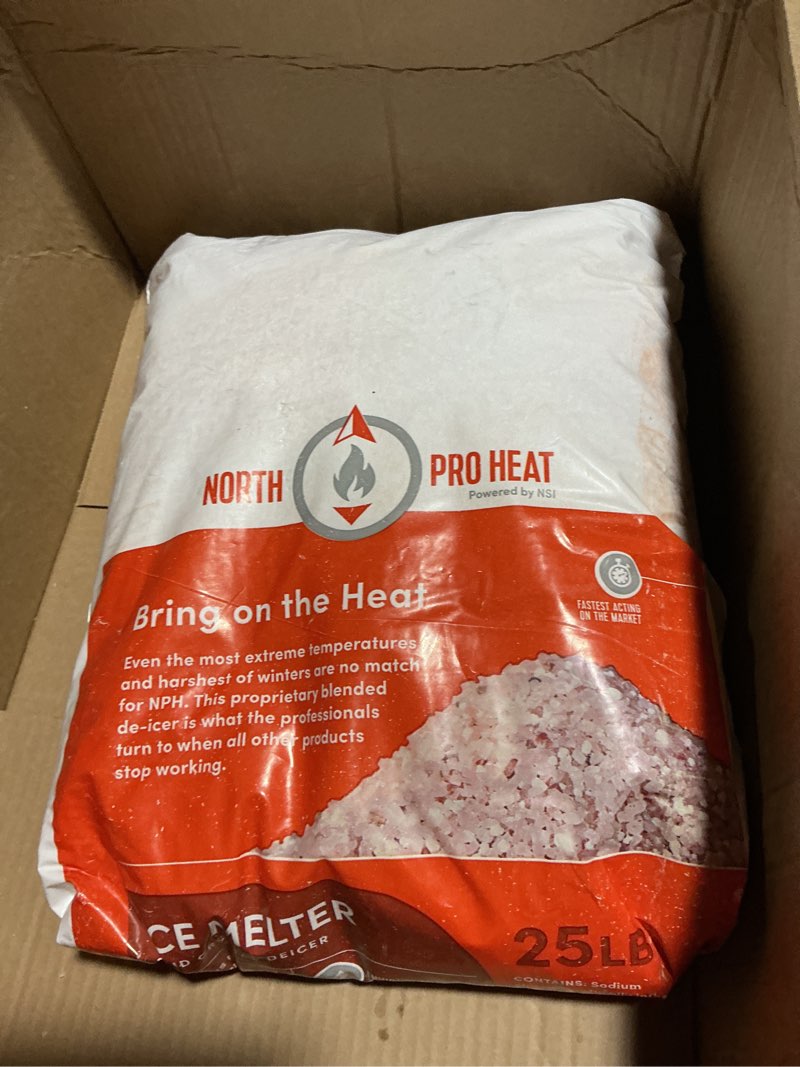 Condition photo showing As Is for heat negative 30 degree melter calcium chloride blend 25 lb resealable ice melt bag fast acting deicer ice melt for driveways, sidewalks, parking lots
