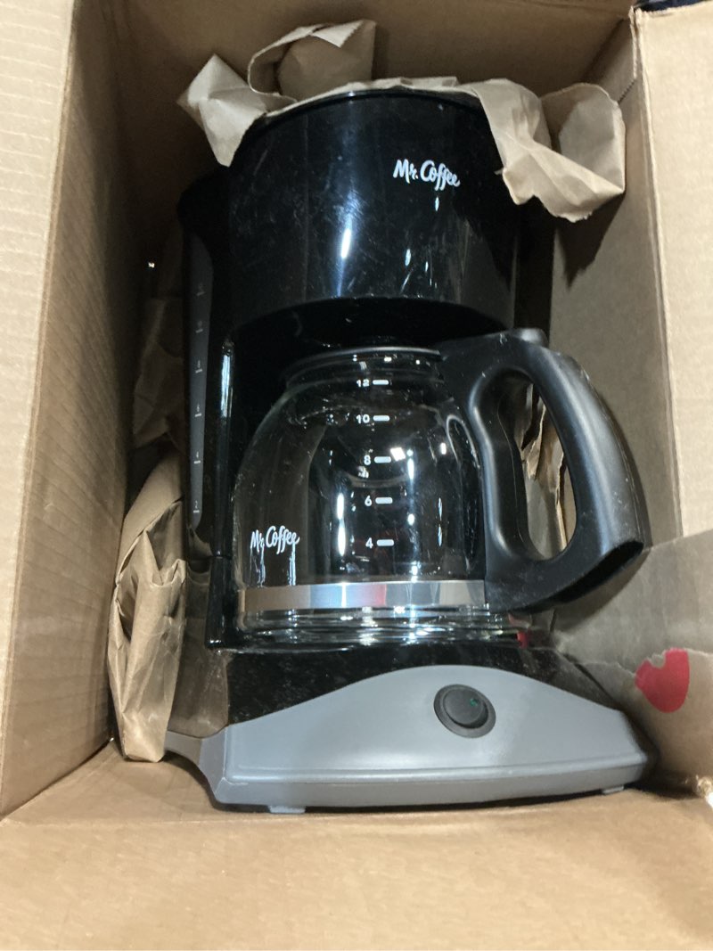 Condition photo showing As Is for mr. coffee black coffee maker, 12 cups, with auto pause and glass carafe, perfect for home and office use