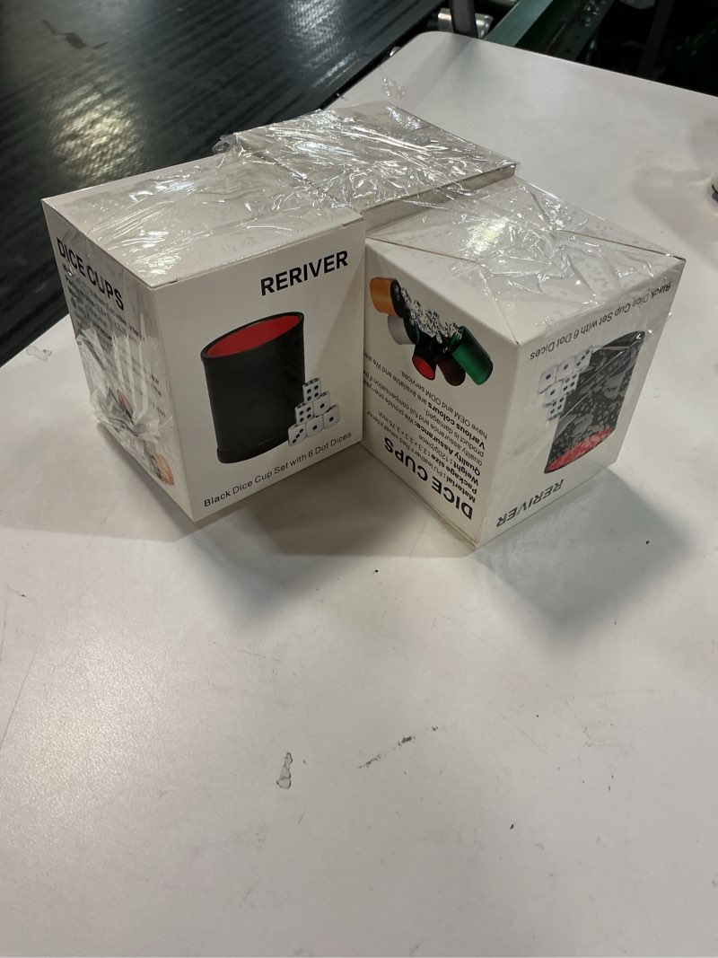 Condition photo showing New/Like New for felt lined pu leather dice cup set with 6 dot dices (black, pack of 3)