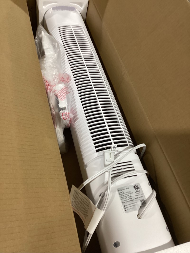 Condition photo showing As Is for antarctic star tower fan portable floor fans 85°oscillating fan quiet cooling 12h timer remote control standing bladeless electric 3 wind speeds 4 modes bedroom office,36 inch, white