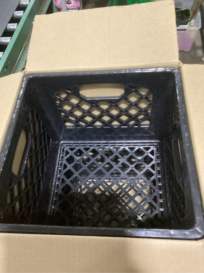 Condition photo showing New/Like New for plastic milk crate storage tote with handles, 16-quart stackable cube organizer for garage, home, and office, made in the usa, 13" x 13" x 11" (2-pack) - black 16-quart (2-pack)