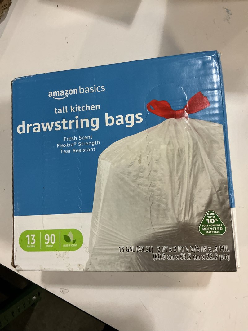 Condition photo showing New/Like New for amazon basics 13 gallon tall kitchen drawstring trash bags, flextra strength, tear resistant, puncture resistant, 10% post consumer recycled, 90 count, white 1 count (pack of 90)