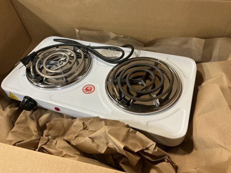 Condition photo showing Good Condition for Double Burner Cooktop, 2000W Portable Electric Stove, 5 Level Temperature Control, Easy to Clean, Power Indicator Lights, Coil Hot Plate for Home Dorm Camping Cooking White 2000W