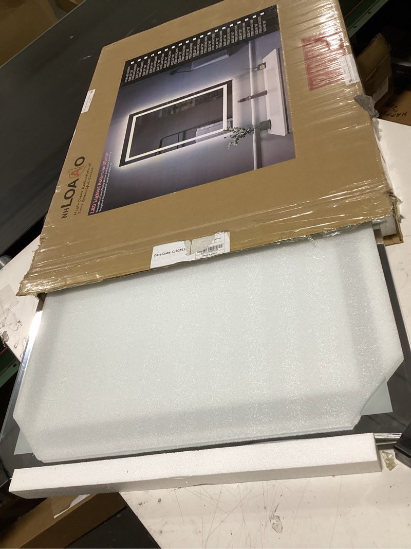 Condition photo showing New/Like New for loaao 24x32 led bathroom mirror with lights, anti-fog, dimmable, backlit + front lit, lighted bathroom vanity mirror for wall, memory function, tempered glass, shatter-proof, etl listed led 32"l x 24"w