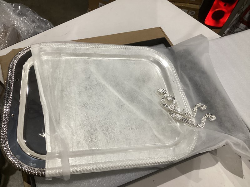 Condition photo showing Good Condition for 18.5"x14.5" rectangular silver serving tray with handles, beautiful mirror polished finish, lightweight classic metallic decorative silverplate tray for wedding anniversary birthday holiday gatherings