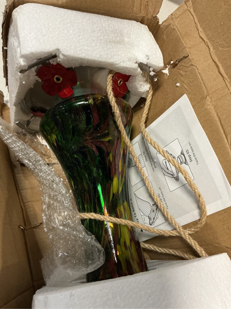 Condition photo showing Good Condition for glass hummingbird feeder for outdoors: leak proof hanging hummingbirds present for women - ant moat & hang hook included, metal base with 4 feeding ports & perch, 20 fluid oz, best garden decor green small