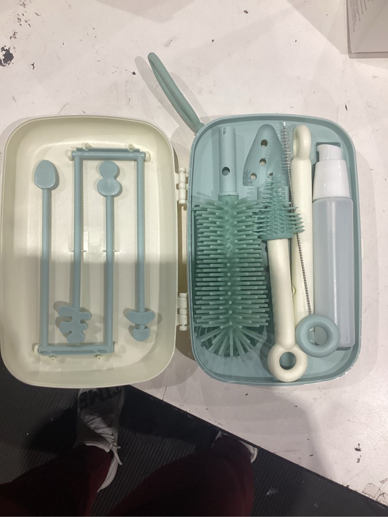 Condition photo showing Good Condition for momcozy bottle brush set - baby bottle cleaner kit with silicone brush, nipple brush, straw brush, soap dispenser, drying rack - 7 in 1 bottle cleaning tool for home and travel, green classic style green