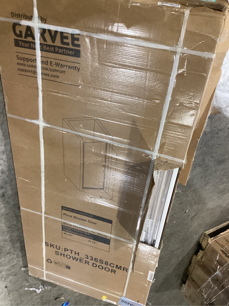 Condition photo showing Good Condition for 34 in. w x 72 in. h pivot semi-frameless shower door in chrome finish with clear glass