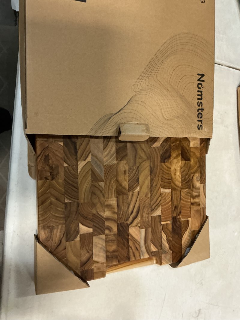 Condition photo showing Good Condition for teak wood end grain cutting board for kitchen with non-slip feet, heavy duty checkered cutting board upgraded chopping board with juice groove & handle large wooden butcher block with gift box 17"l x 12"w