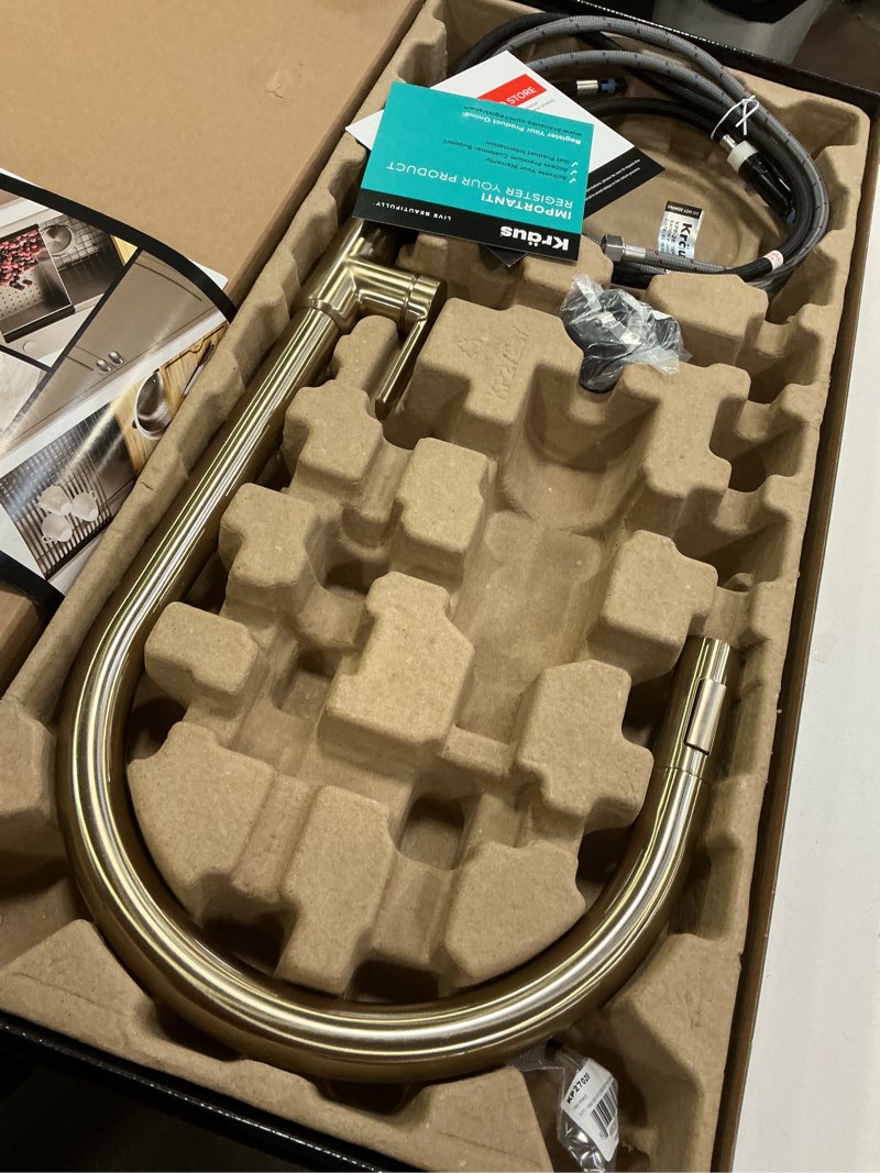 Condition photo showing As Is for KRAUS Oletto High-Arc Single Handle Pull-Down Kitchen Sink Faucets in Spot Free Antique Champagne Bronze, Kitchen Faucets with Pull Down Sprayer, KPF-2821SFACB