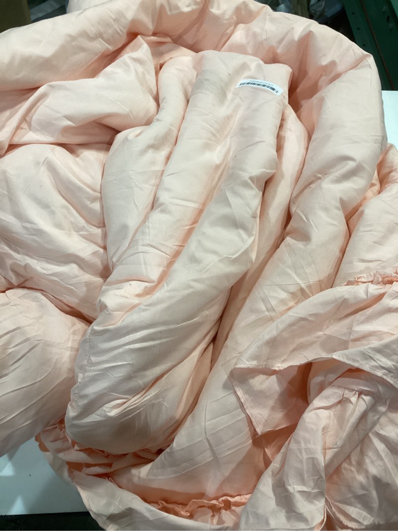 Condition photo showing As Is for ANGIYUIN Blush Ruffle Comforter Set Full Size 5 Pieces Double-Layer Ruffled Bed in A Bag with Sheets Soft Farmhouse Shabby Maicrofiber Bedding Set for Girls Women(Blush Pink Full) Blush Pink Full(5Pcs)