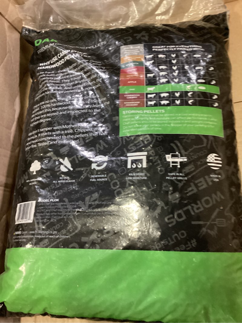 Condition photo showing New/Like New for camp chef oak flavor 100% all-natural wood pellets for smokers and pellet grills, smoke, bake, roast, braise and bbq, 20 lb. bag