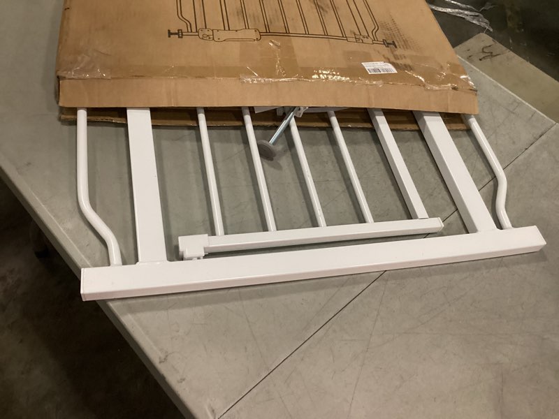 Condition photo showing As Is for narrow baby gate 24.4-29 inch wide stairs tension pet dog gates indoor for doorways no drilling pressure mounted metal pet gates for kids white 24.4"-29"/61-74cm