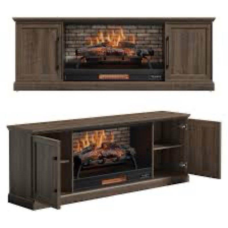 allen + roth 72-in w brown walnut tv stand with infrared quartz flat wall