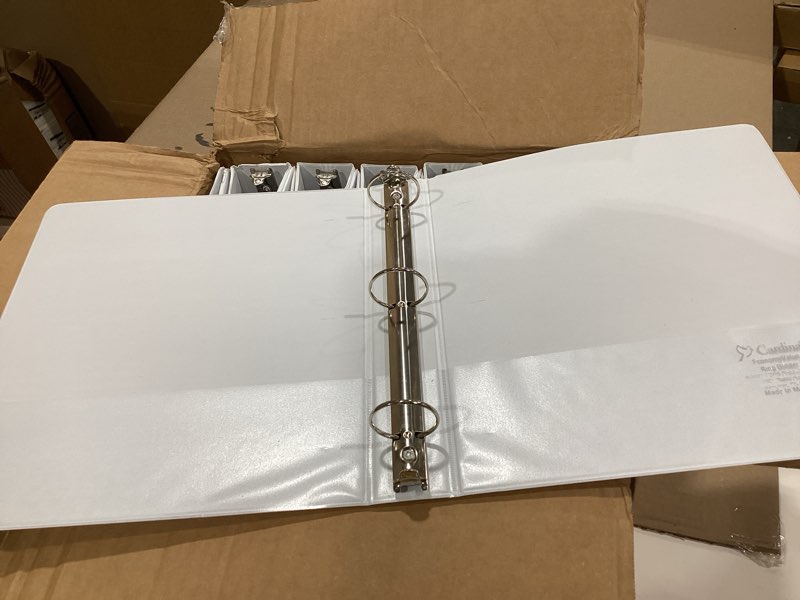 Condition photo showing Good Condition for cardinal economy 3-ring binders, 1.5", round rings, holds 350 sheets, clearvue presentation view, non-stick, white, carton of 12 (90631) white 1.5 inch binders