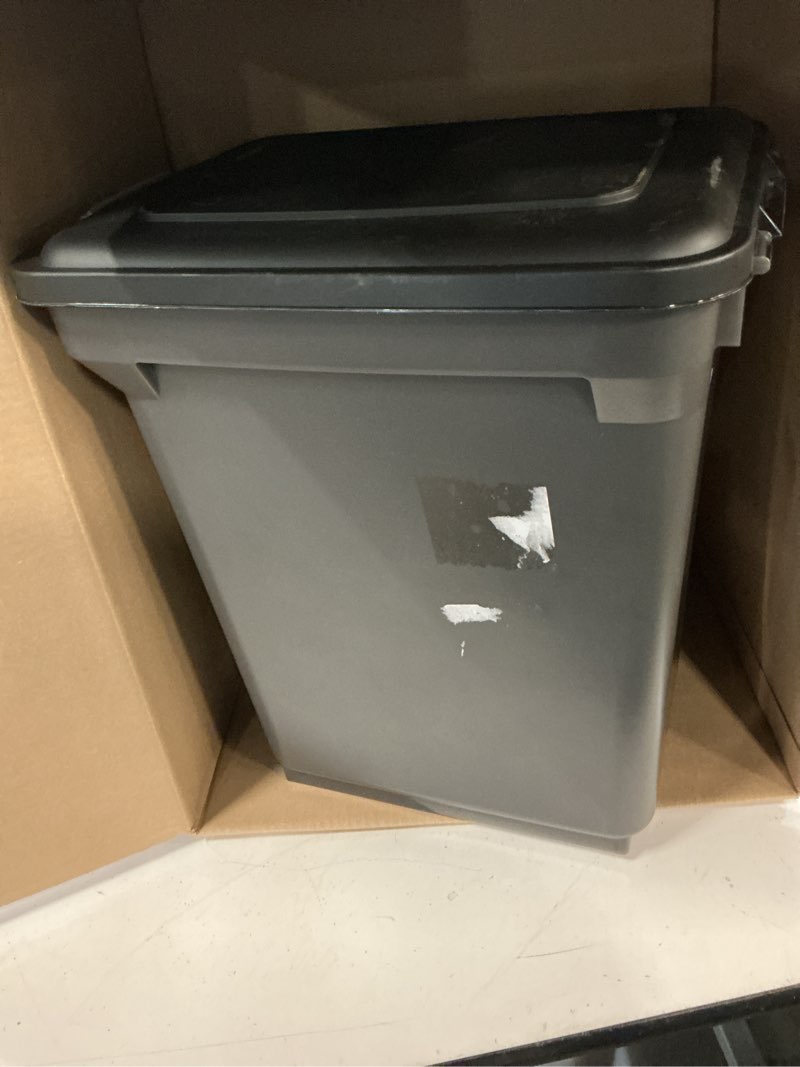 Condition photo showing As Is for iris usa airtight dog food storage container, weatherpro, up to 40 lbs, removable wheels, for dog cat bird and other pet food storage bin, keep fresh, translucent body, made in usa, smoke/black 40 lbs smoke