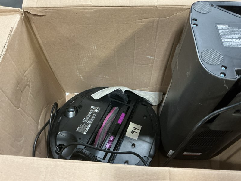 Condition photo showing As Is for eureka e20 evo plus robot vacuum and mop combo, 10,000pa suction robot vacuum cleaner bagless self-emptying station, 45-day capacity anti-hair-tangling side brush mop lifting app control lidar nav black