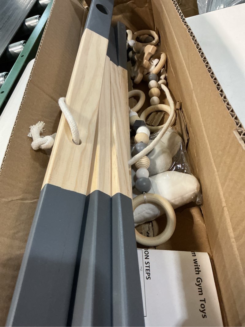 Condition photo showing As Is for Wooden Baby Play Gym Foldable Gym Frame Activity Gym Hanging Bar with 5 Toys Natural for Newborn Baby (Foldable Grey)