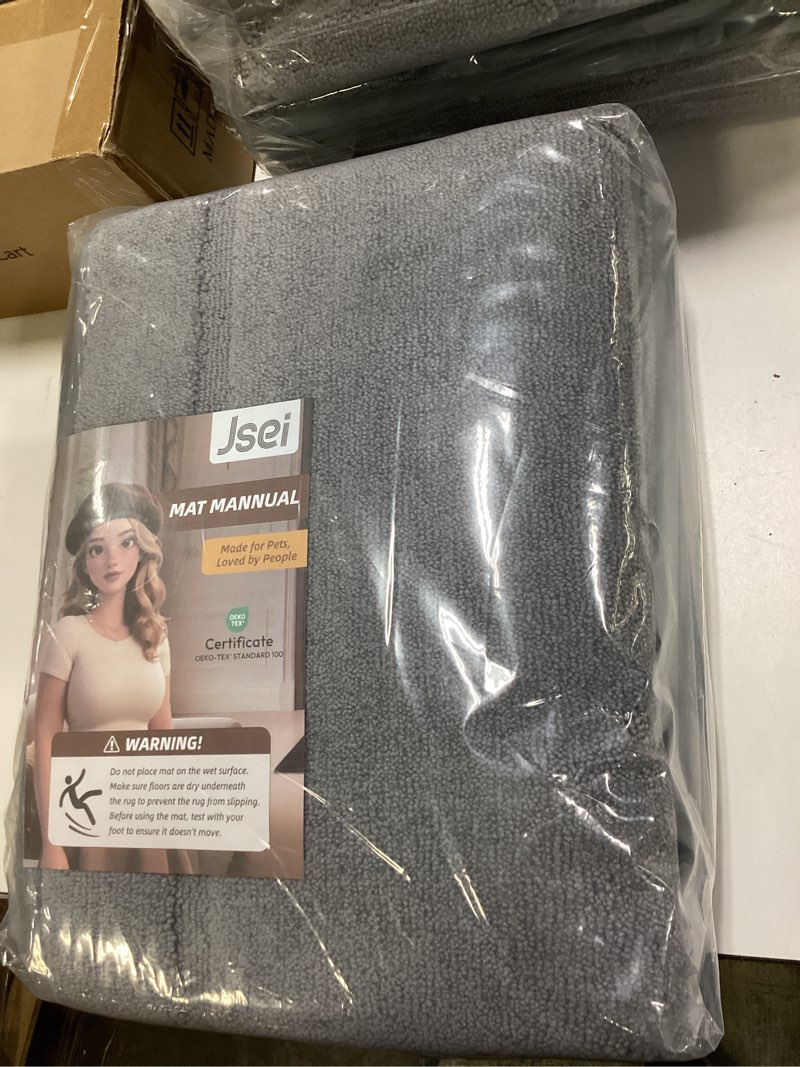 Condition photo showing New/Like New for JSEI Non-Slip Bathroom Rugs, Self Adhesive No Sliding Bath Rugs Set of 2, Machine Washable Absorbent Bath Mat Set for Tub Shower & Single Sink 24”x36”+24”x60”, Light Grey, Rectangular Pattern Light Grey 24''x36''+24''x60''(Rectangular Pattern)