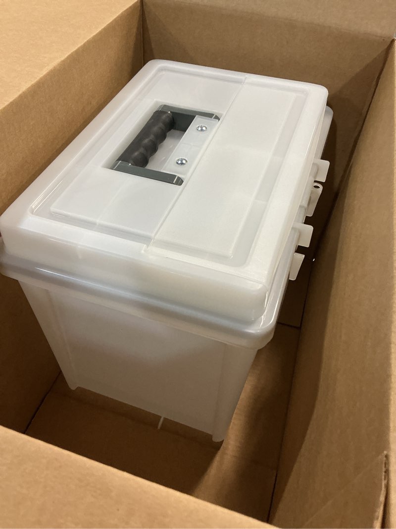 Condition photo showing As Is for IRIS USA File Box WeatherPro Portable File Organizer Plastic File Box for Letter File w/ Organizer-Lid, Durable Lid and Seal w/ Secure Latching Buckles, Stackable and Nestable, Pearl 19 Qt. 1 Pack