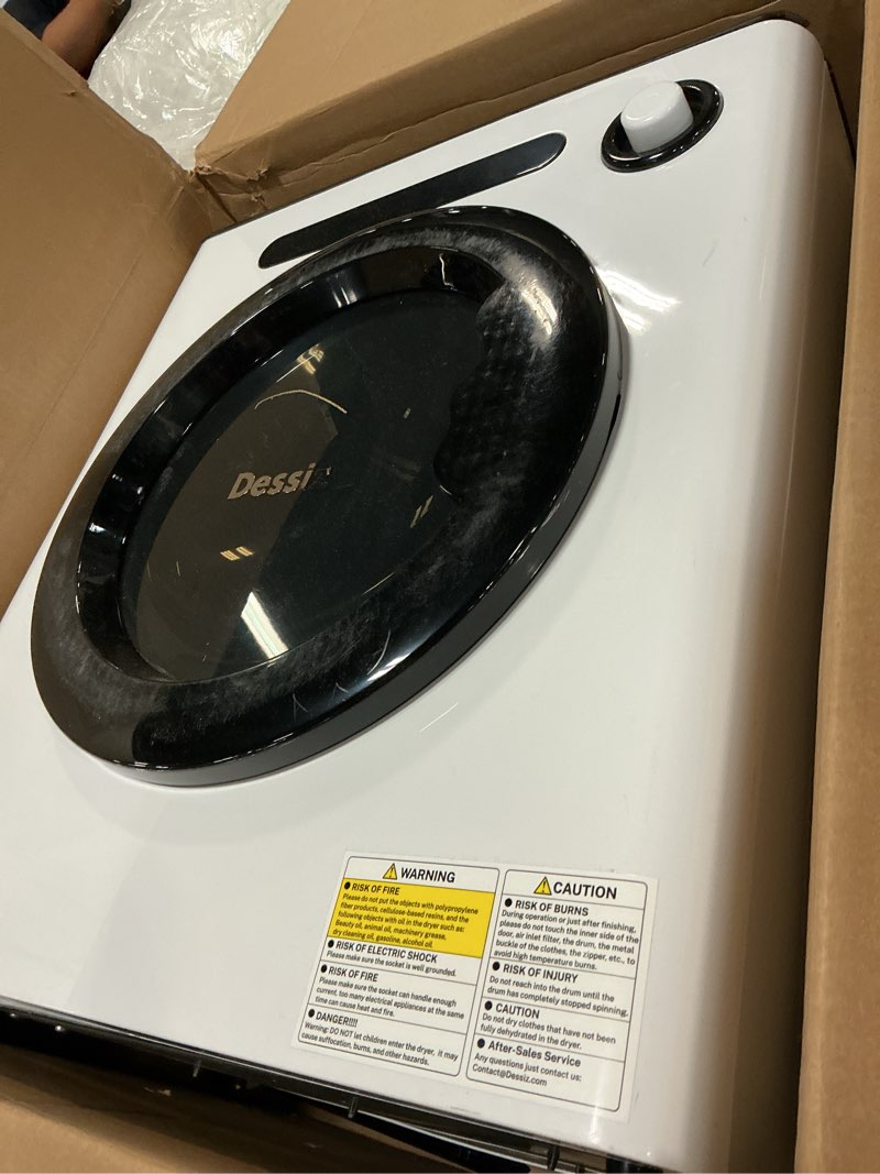 Condition photo showing As Is for ctt portable dryers for laundry 1500w, 3.5 cu.ft portable clothes dryer with 4 dring mode, front load clothes dryer machine for home, apartment,auto-shutt off,white white with konb control