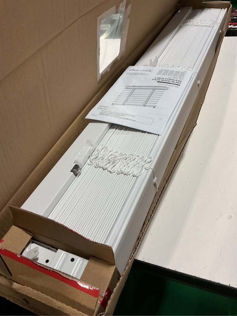 Condition photo showing Good Condition for allen + roth trim at home 2-in slat width 35-in x 64-in cordless white faux wood room darkening horizontal blinds