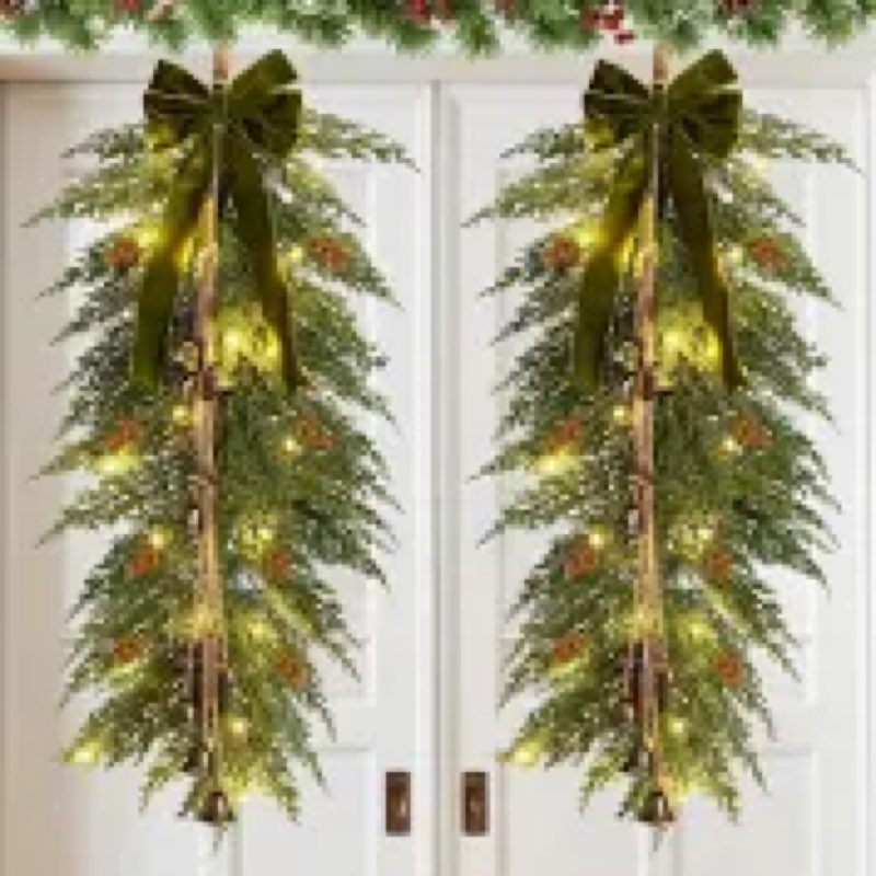 Hungdao 2 Pack 36" Large Christmas Teardrop Swag with Lights Velvet Bell Bow and Faux Pine Cones Rus