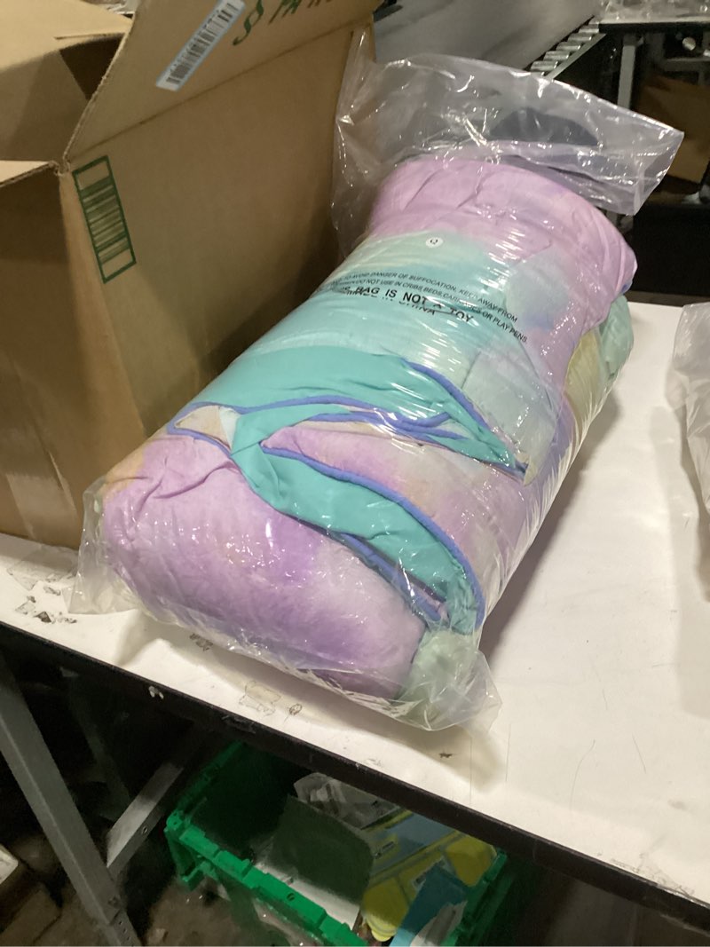 Condition photo showing As Is for intelligent design king size comforter set, watercolor king bedding sets, tie dye comforter set, 4 pieces boho comforters, matching sham, shaggy throw pillow, cassiopeia, king/cal king pink/blue comforter set king/cal king aqua
