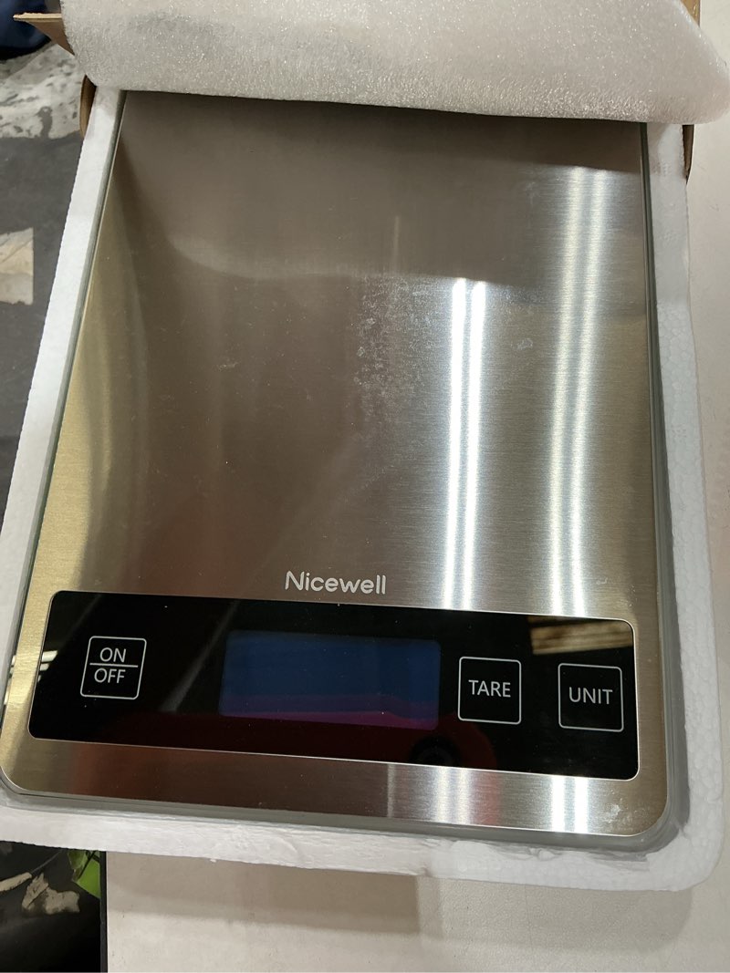 Condition photo showing New/Like New for nicewell food scale, 22lb digital kitchen scale weight grams and oz for cooking baking, 1g/0.1oz precise graduation, stainless steel and tempered glass silver