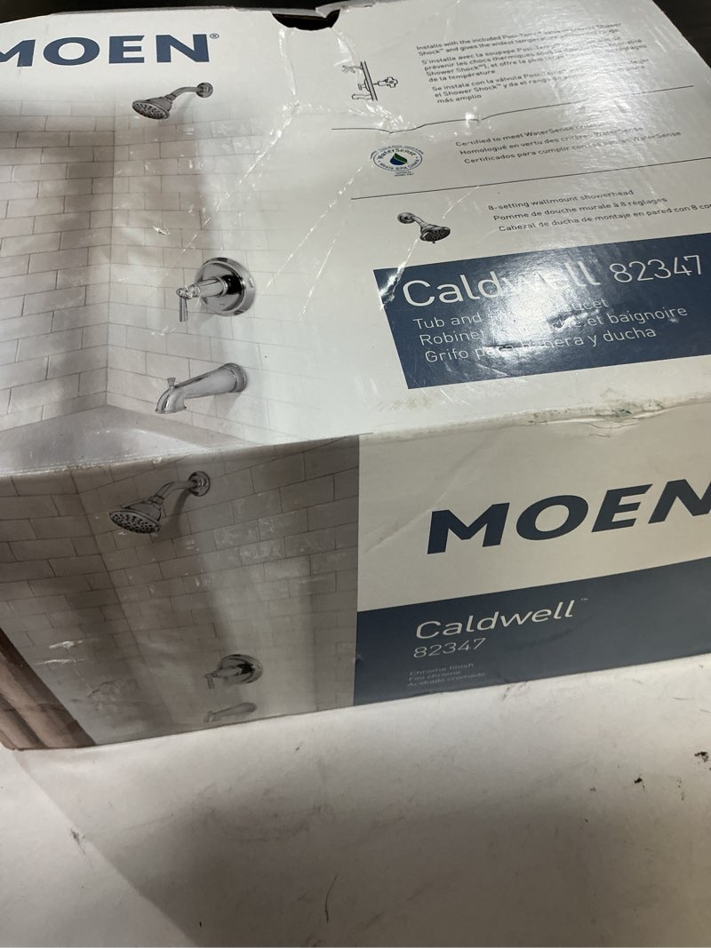 Condition photo showing As Is for 100+ bought last week moen caldwell chrome 1-handle 3.88-in round bathtub and shower faucet with valve (multi-