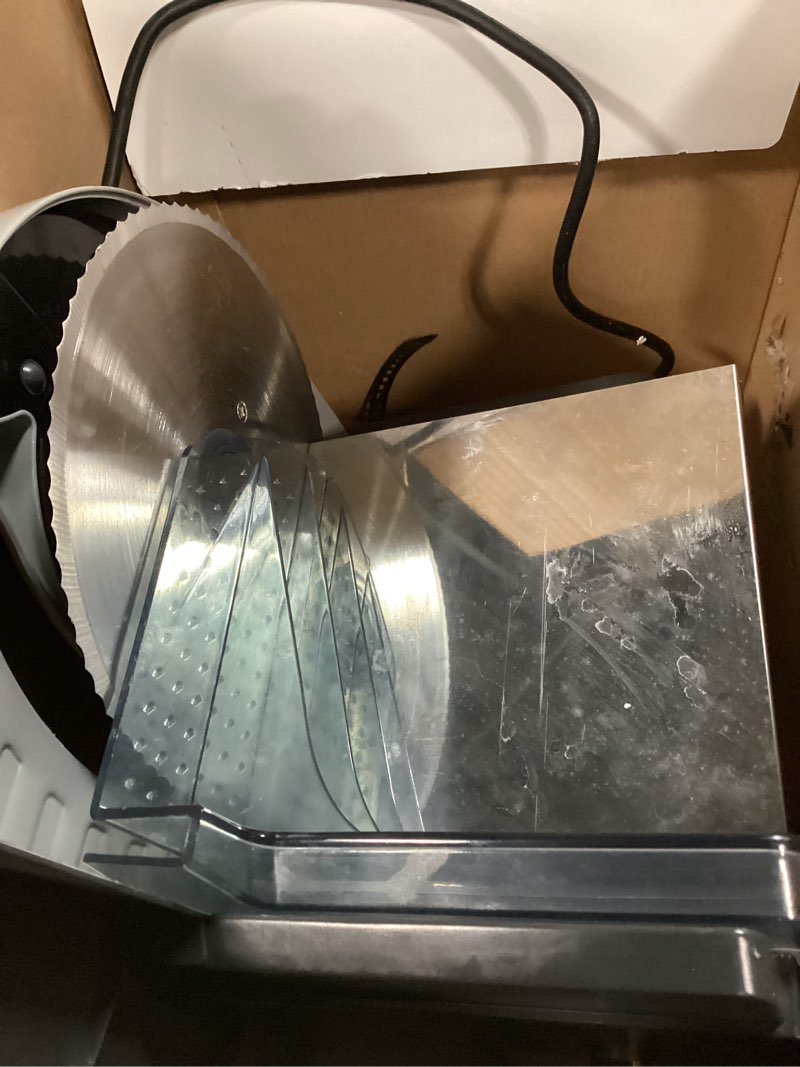 Condition photo showing Good Condition for cuisinart kitchen pro food slicer, meat slicer with slice control knob adjusts from 1/32" to 1/2" to slice bread, roasts, and firm cheeses, removable 7.5" stainless steel cutting blade, fs-75, gray