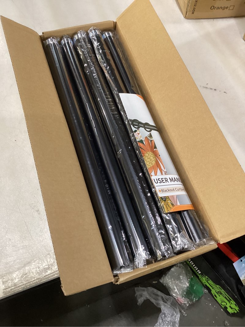 Condition photo showing Good Condition for Black Curtain Rods for Windows 66-120Inch(5.5-10ft) Heavy Duty French Return Rod, Wrap Around Blackout Curtain Rods, Long Adjustable Room Darkening Drapery Rod for Bedroom, Living Room Outdoor Patio Black 66"-120"
