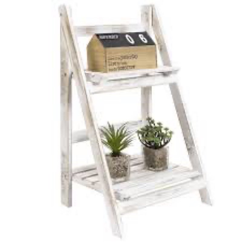 MyGift 2 Tier Rustic Whitewashed Solid Wood Freestanding Foldable Indoor Plant Stand, Decorative Woo
