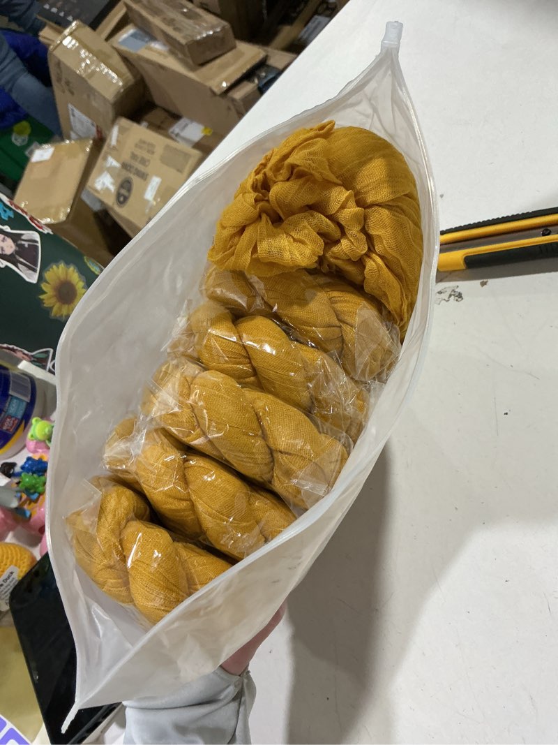 Condition photo showing Good Condition for 12 Pack Mustard 10FT Cheesecloth Table Runner Rustic Gauze Fabric Cheese Cloth Table Runner for Wedding Bridal Baby Shower Table Decor Boho Sheer Birthday Party Table Decorations 20 x 120 Inch Long Mustard 12 Pack