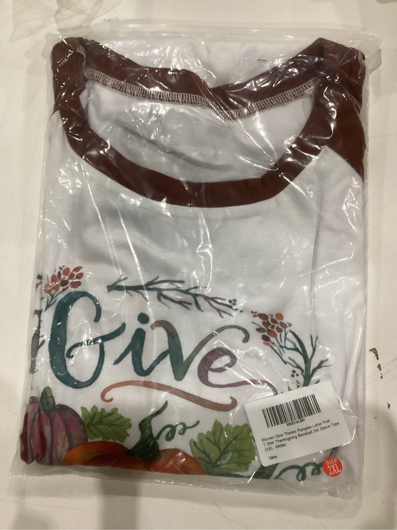 Condition photo showing As Is for Women Give Thanks Pumpkin Letter Print T-Shirt Thanksgiving Baseball 3/4 Sleeve Top XX-Large White