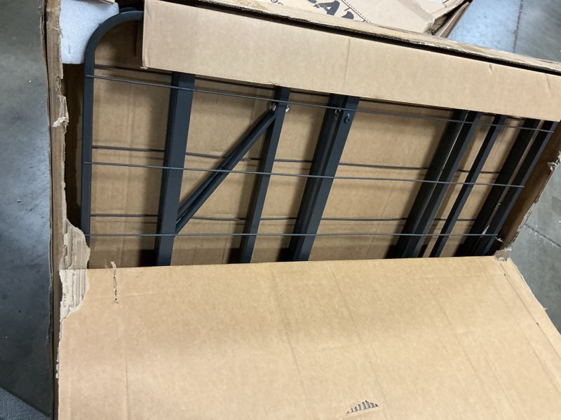 Condition photo showing As Is for foldable metal platform bed frame with tool free setup, sturdy steel, no box spring twin