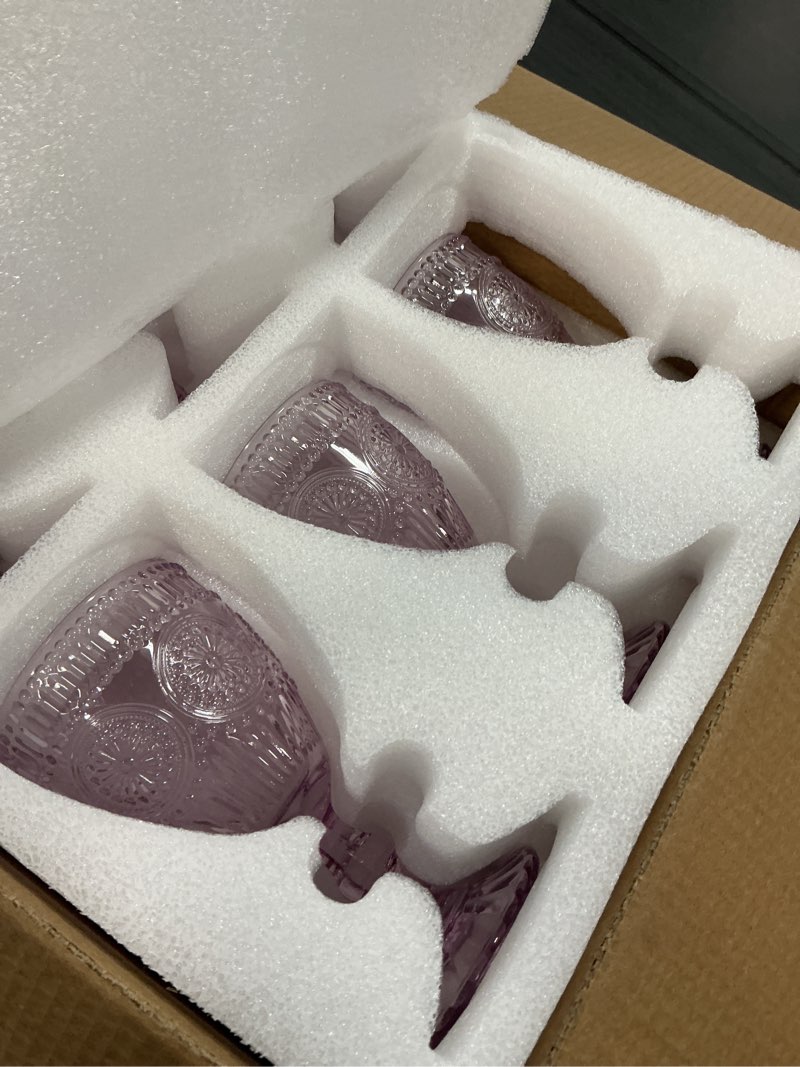 Condition photo showing Good Condition for Vintage Wine Glasses Set of 12, 10 oz Glass Goblets Wine Glassware, Romantic Wedding Glass Set, Drinking Stemware Beverage Cups for Wedding Party Bar, Embossed Design, Purple