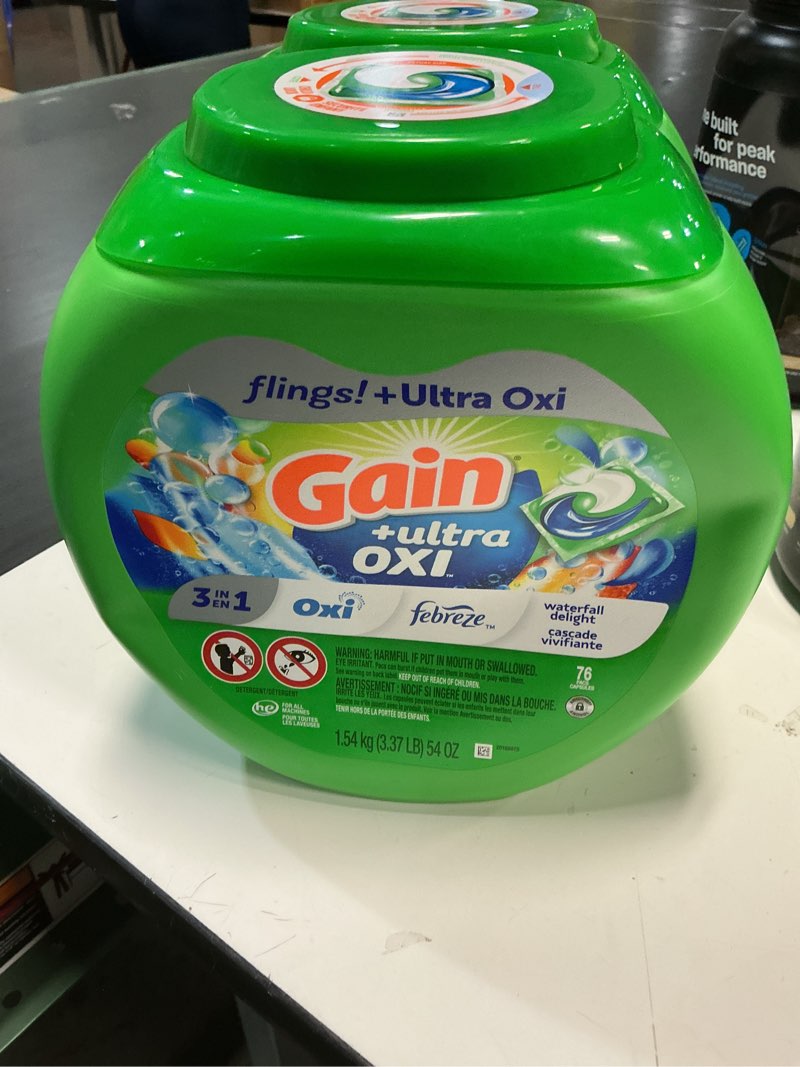 Condition photo showing New/Like New for gain flings ultra oxi laundry detergent pacs, 76 count, waterfall delight scent, 3-in-1, he compatible waterfall delight 76 count (pack of 1)