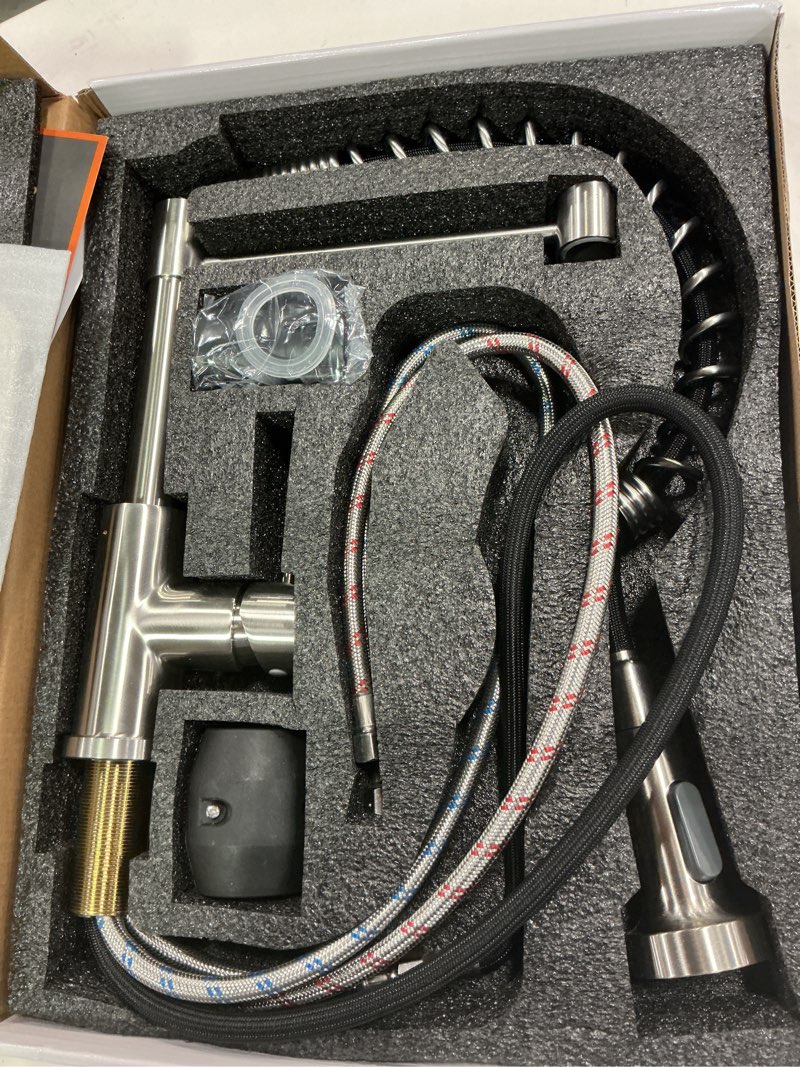 Condition photo showing New/Like New for OWOFAN Kitchen Faucet with Pull Down Sprayer Industrial 1 Handle 1 Hole Or 3 Hole Faucet for Farmhouse Camper Laundry Utility Rv Wet Bar Sinks, Stainless Steel Brushed Nickel Pull Out Faucet 5 Brushed Nickel &Black Hose