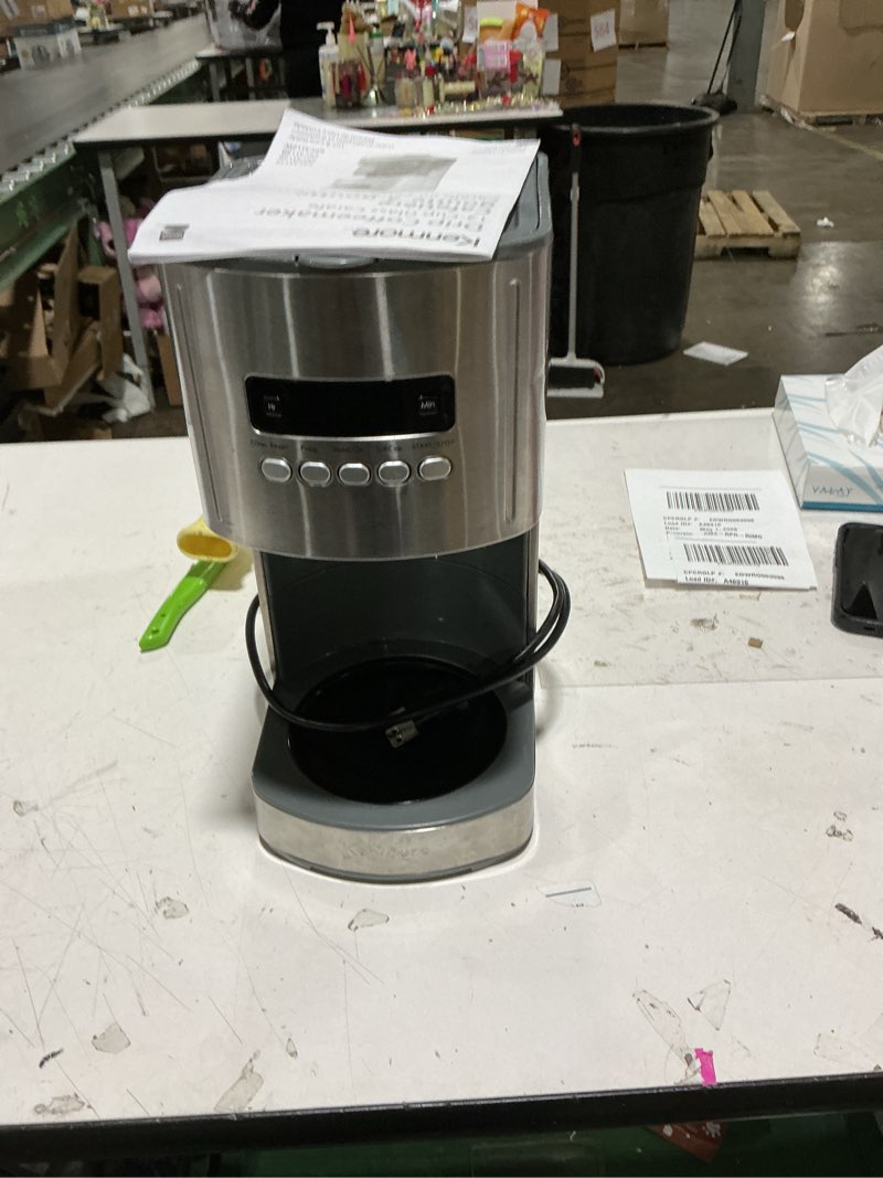 Condition photo showing As Is for kenmore drip coffee maker - 12 cup programmable cafe machine with glass pot, regular & bold brew, auto shut off large water reservoir, reusable filter, kitchen appliances for cafeteria barista kkcm12s-az