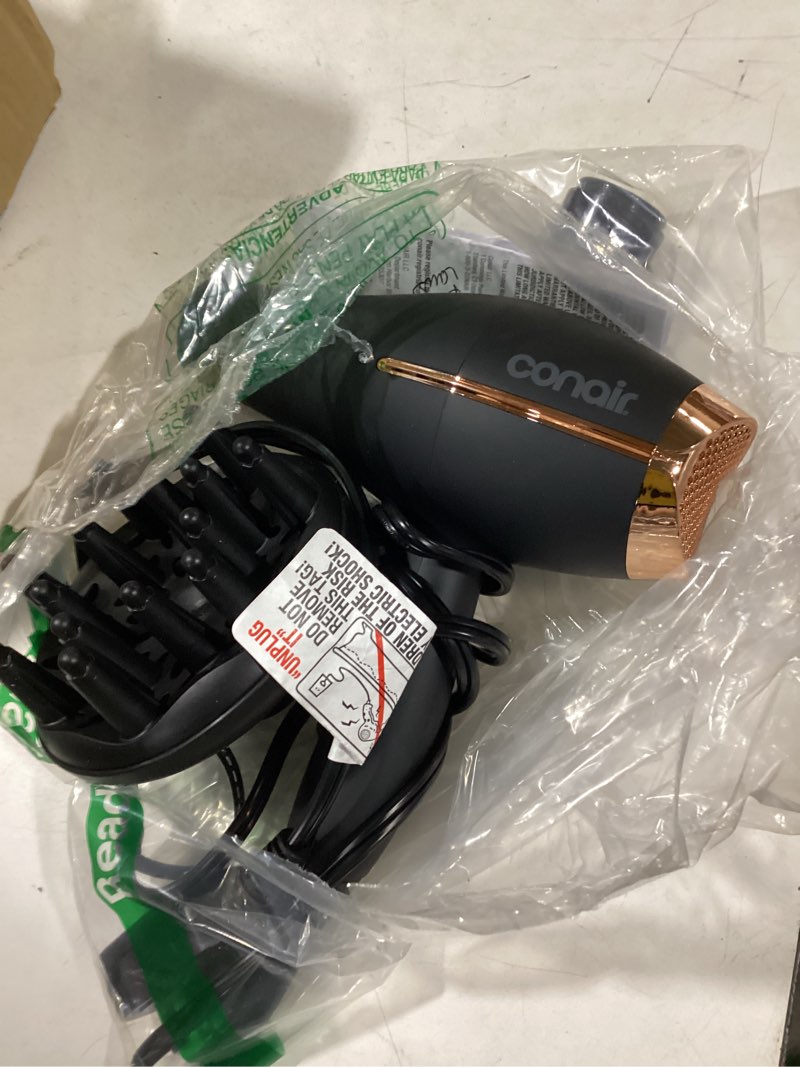 Condition photo showing Good Condition for infiniti pro by conair hair dryer, 1875w blow dryer with diffuser and concentrator, ceramic technology, 3 heat & 2 speed settings, cold shot button, black black with bonus diffuser & concentrator