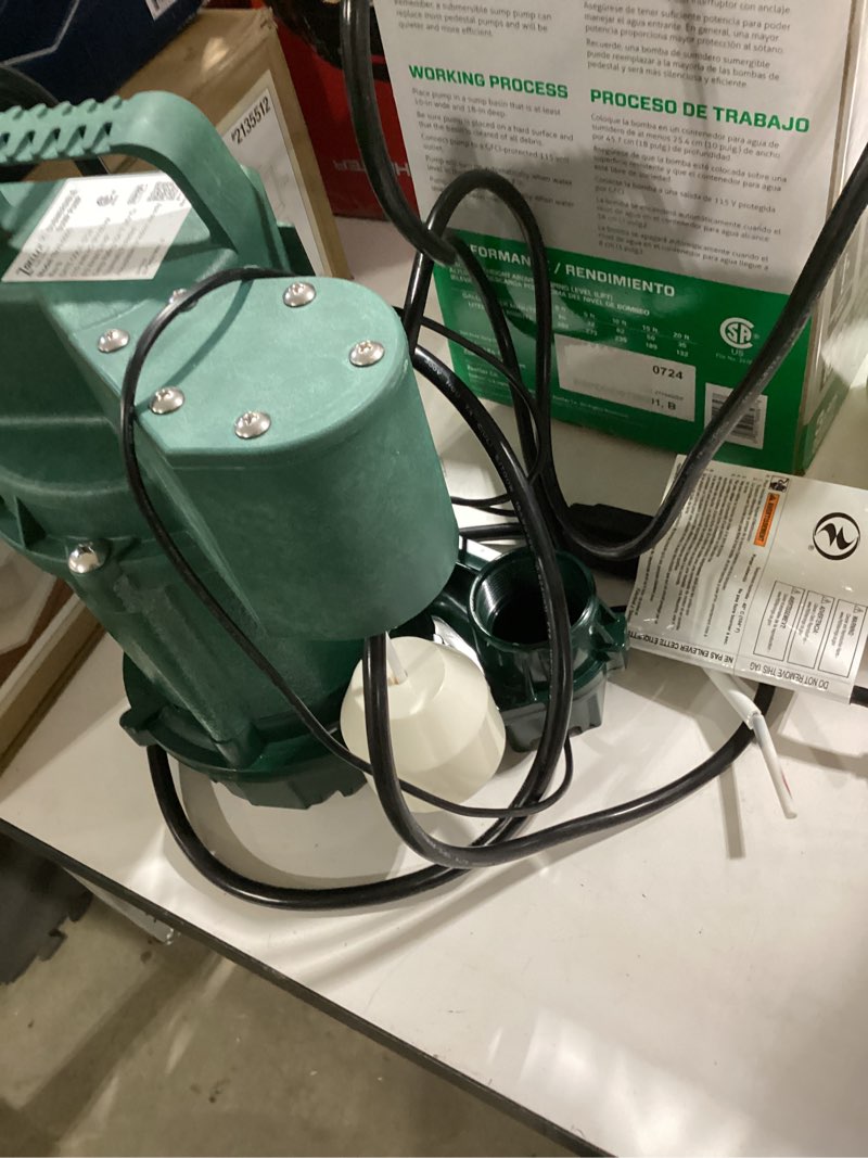 Condition photo showing As Is for zoeller submersible sump pump - 3/4 hp, cast iron construction - 80 gpm basement sump pump with dual switch protection (1099-0001)