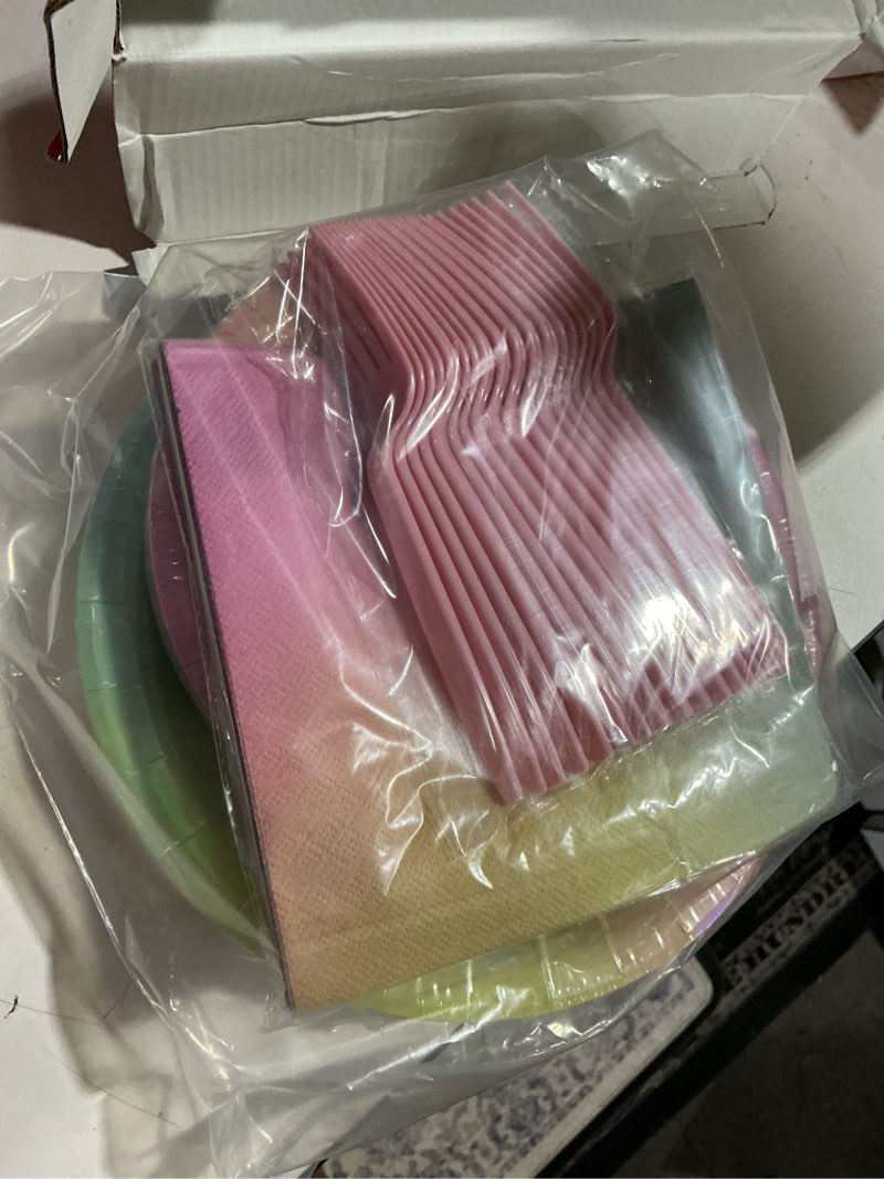 Condition photo showing Good Condition for 96pcs pastel rainbow birthday party supplies for baby shower serves 24 | iridescent pastel plates and napkins tableware sets rainbow party decorations for girls sprinkle valentine's day party favors pastel kit