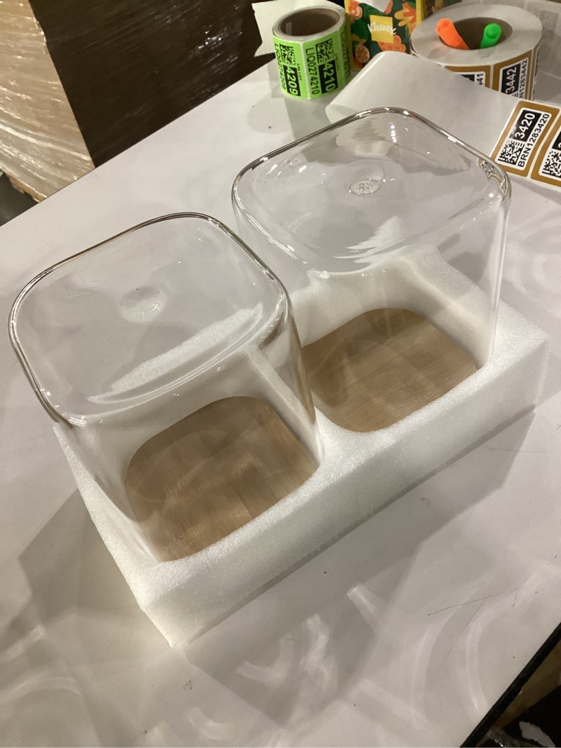 Condition photo showing New/Like New for Liuruiyu Glass Food Storage Jars 150 Set of 2,Glass Storage Containers Clear Glass Food Canister with Bamboo Lid Airtight For Serving Tea, Coffee, Flour, Sugar, Candy, Cookie, Spice and More (Square) Square-108oz*2